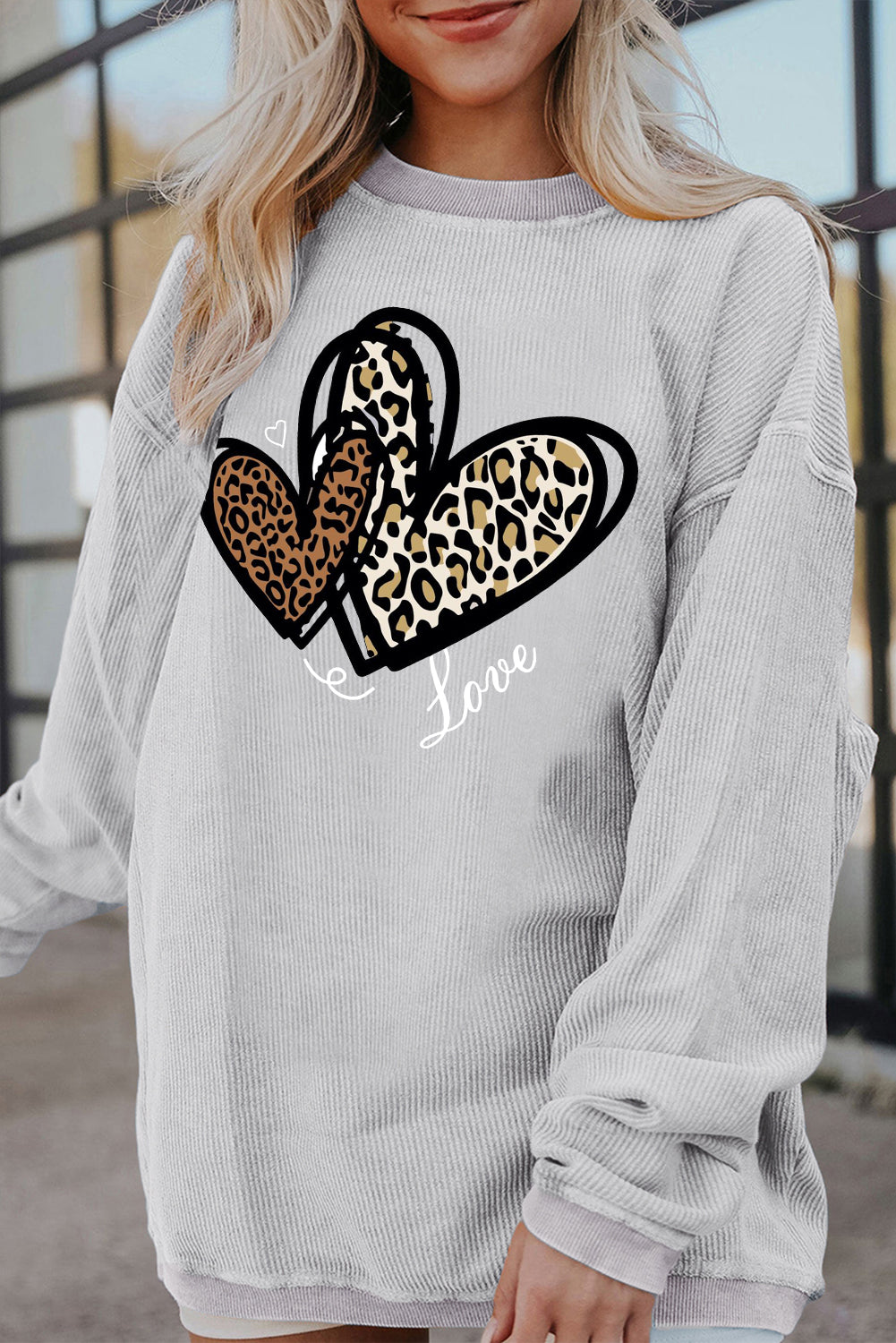 Valentine's Day Heart Leopard Ribbed Corduroy Oversized Sweatshirt