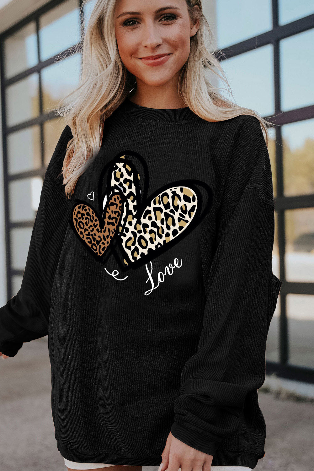 Valentine's Day Heart Leopard Ribbed Corduroy Oversized Sweatshirt