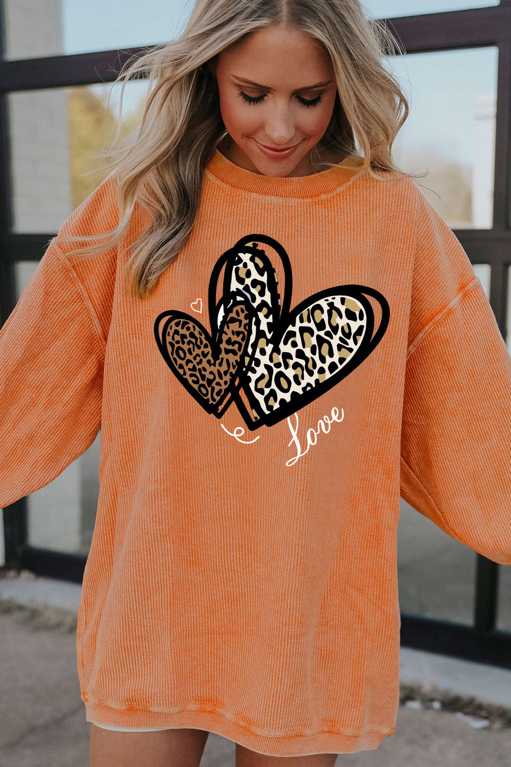 Valentine's Day Heart Leopard Ribbed Corduroy Oversized Sweatshirt