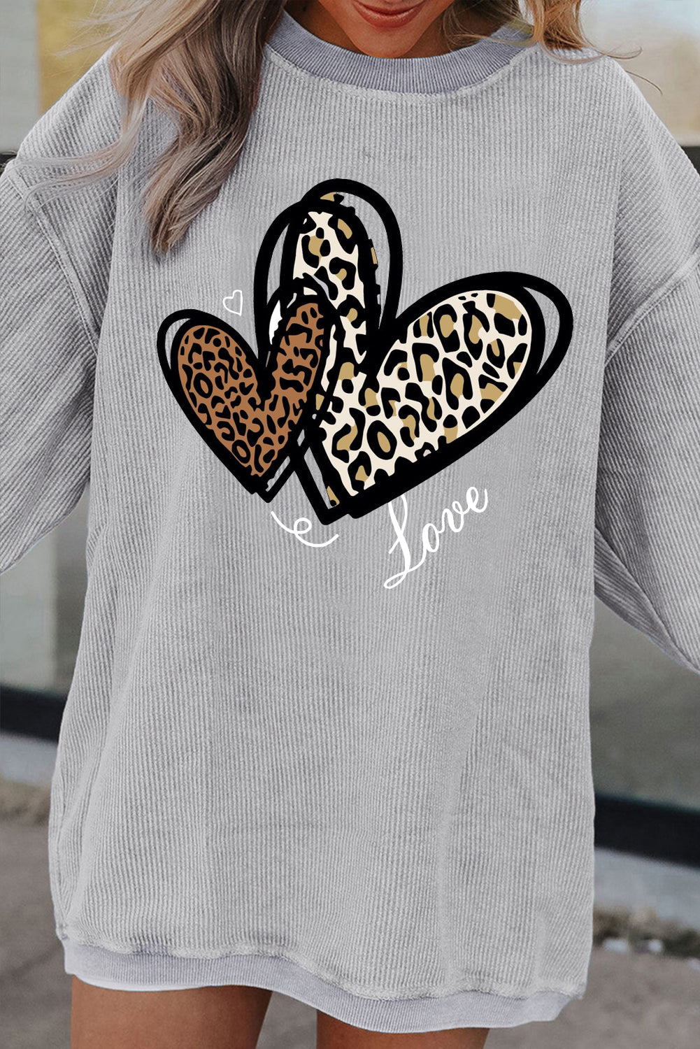 Valentine's Day Heart Leopard Ribbed Corduroy Oversized Sweatshirt