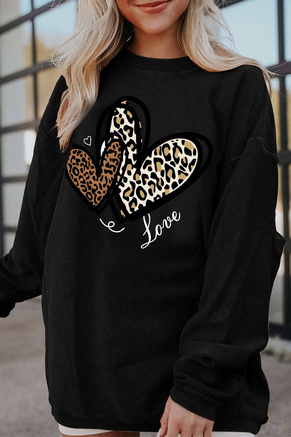 Valentine's Day Heart Leopard Ribbed Corduroy Oversized Sweatshirt