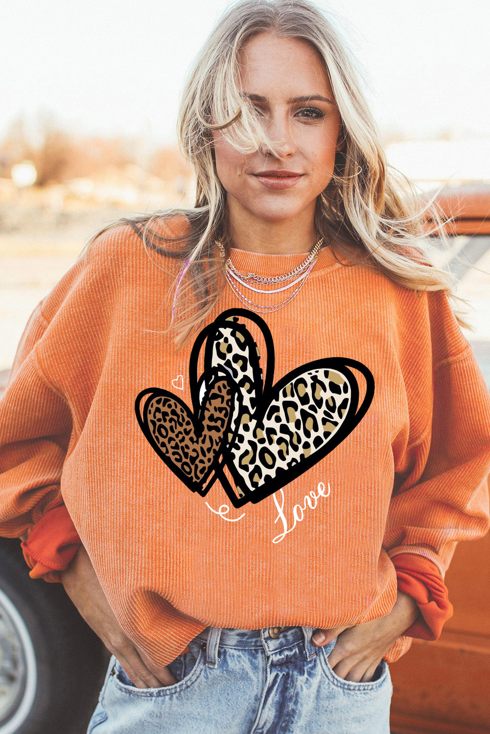 Valentine's Day Heart Leopard Ribbed Corduroy Oversized Sweatshirt