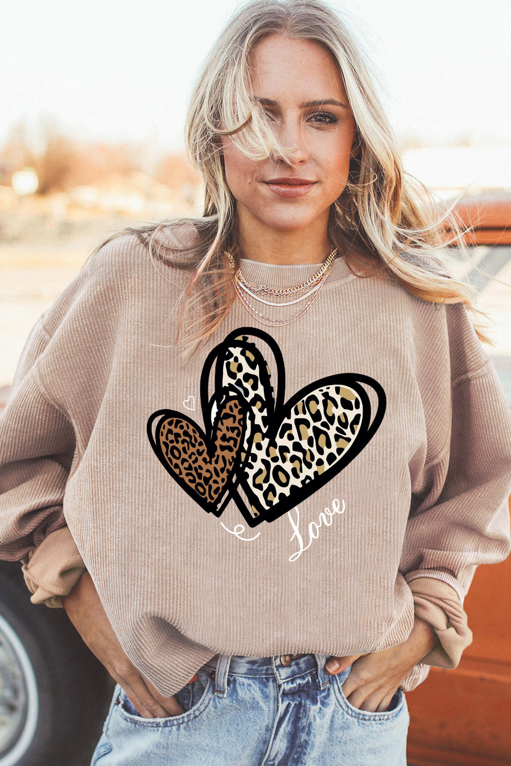 Valentine's Day Heart Leopard Ribbed Corduroy Oversized Sweatshirt