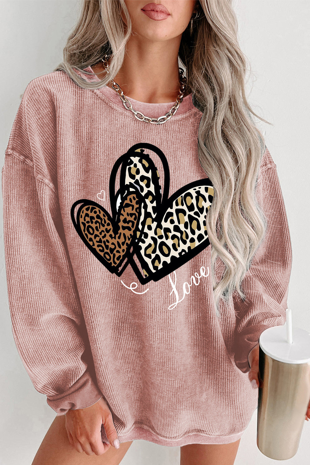 Date Night Heart Leopard Print Date Night Crew Neck Knit Sweatshirt