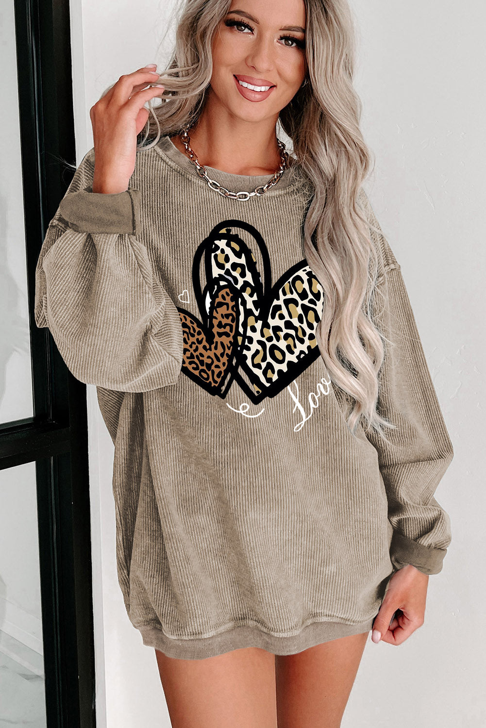 Date Night Heart Leopard Print Date Night Crew Neck Knit Sweatshirt