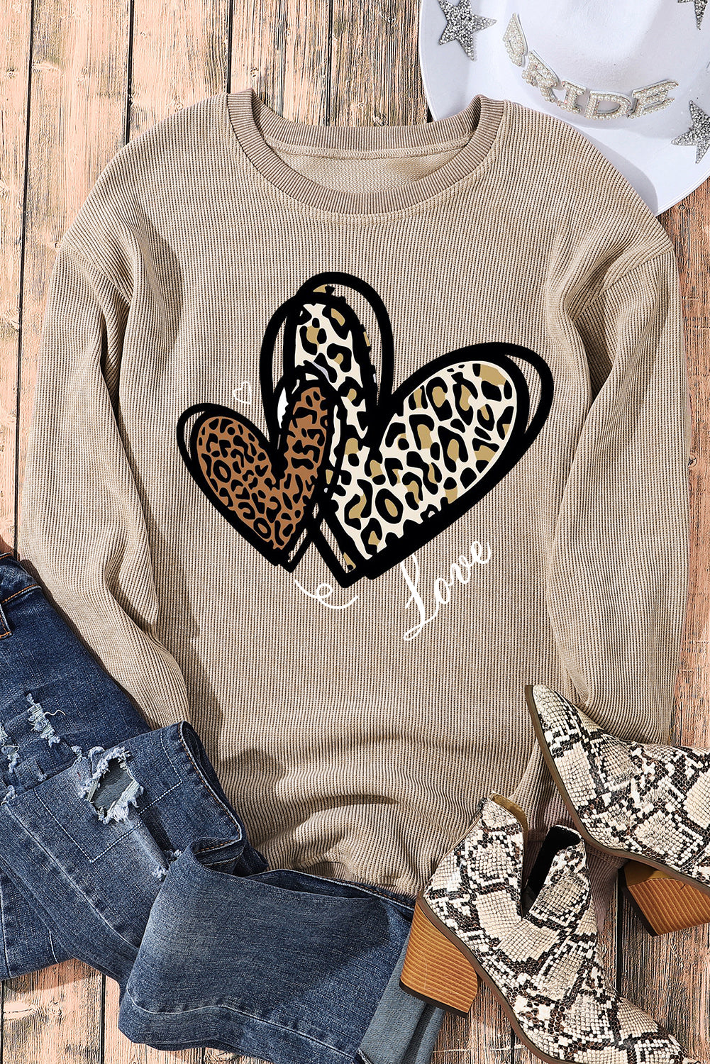 Date Night Heart Leopard Print Date Night Crew Neck Knit Sweatshirt