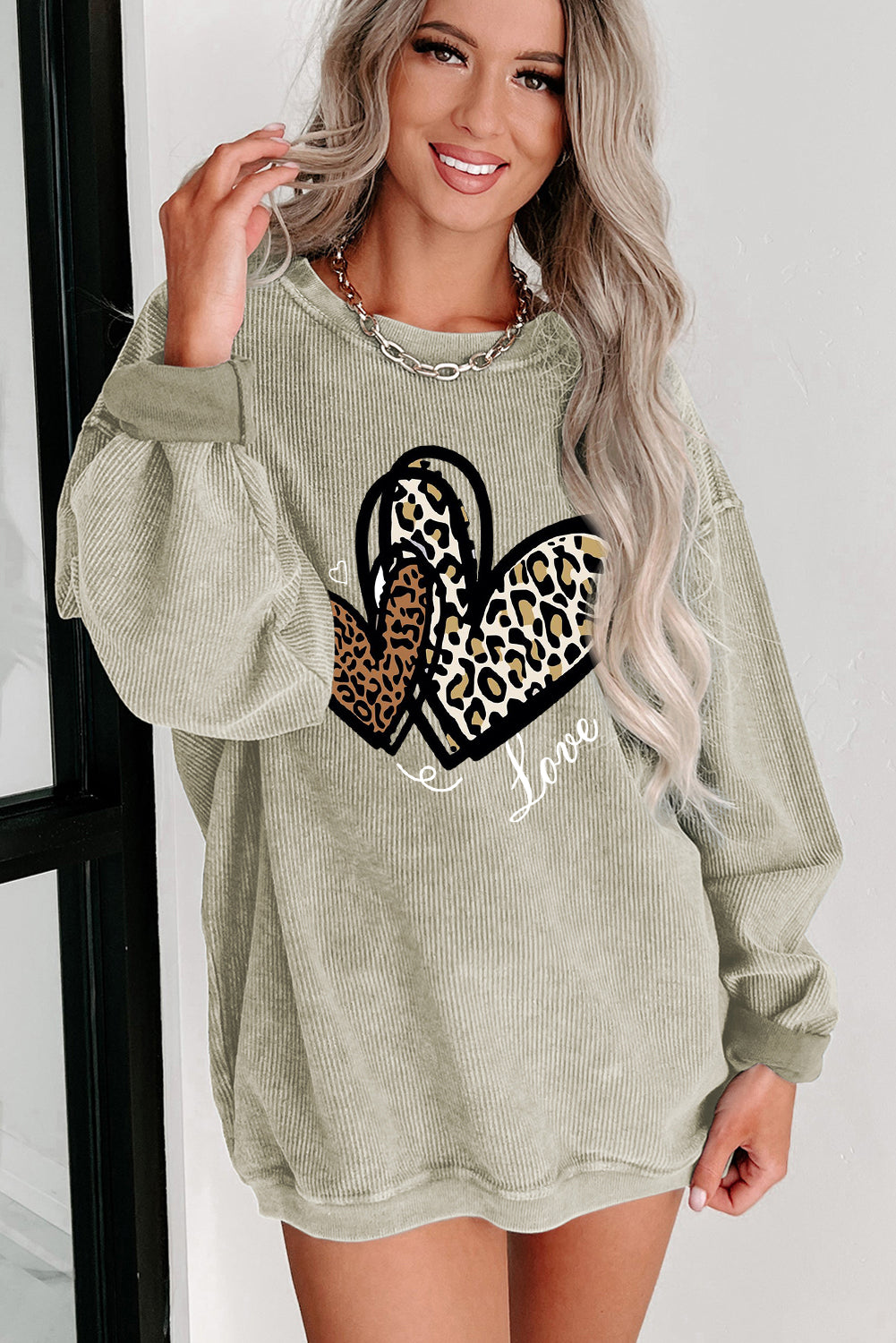 Date Night Heart Leopard Print Date Night Crew Neck Knit Sweatshirt