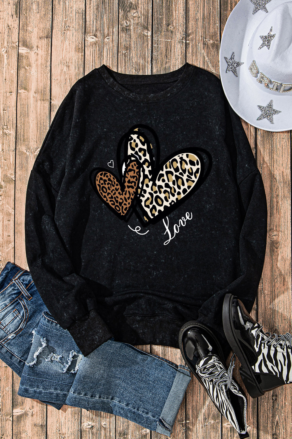 Valentine's Day Heart Leopard Oversized Drop Shoulder Ribbed Sweatshirt