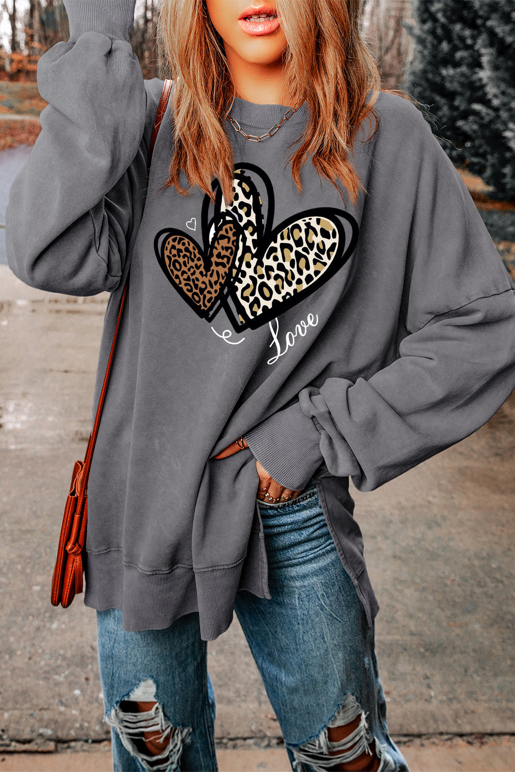 Valentine's Day Heart Leopard Oversized Drop Shoulder Ribbed Sweatshirt