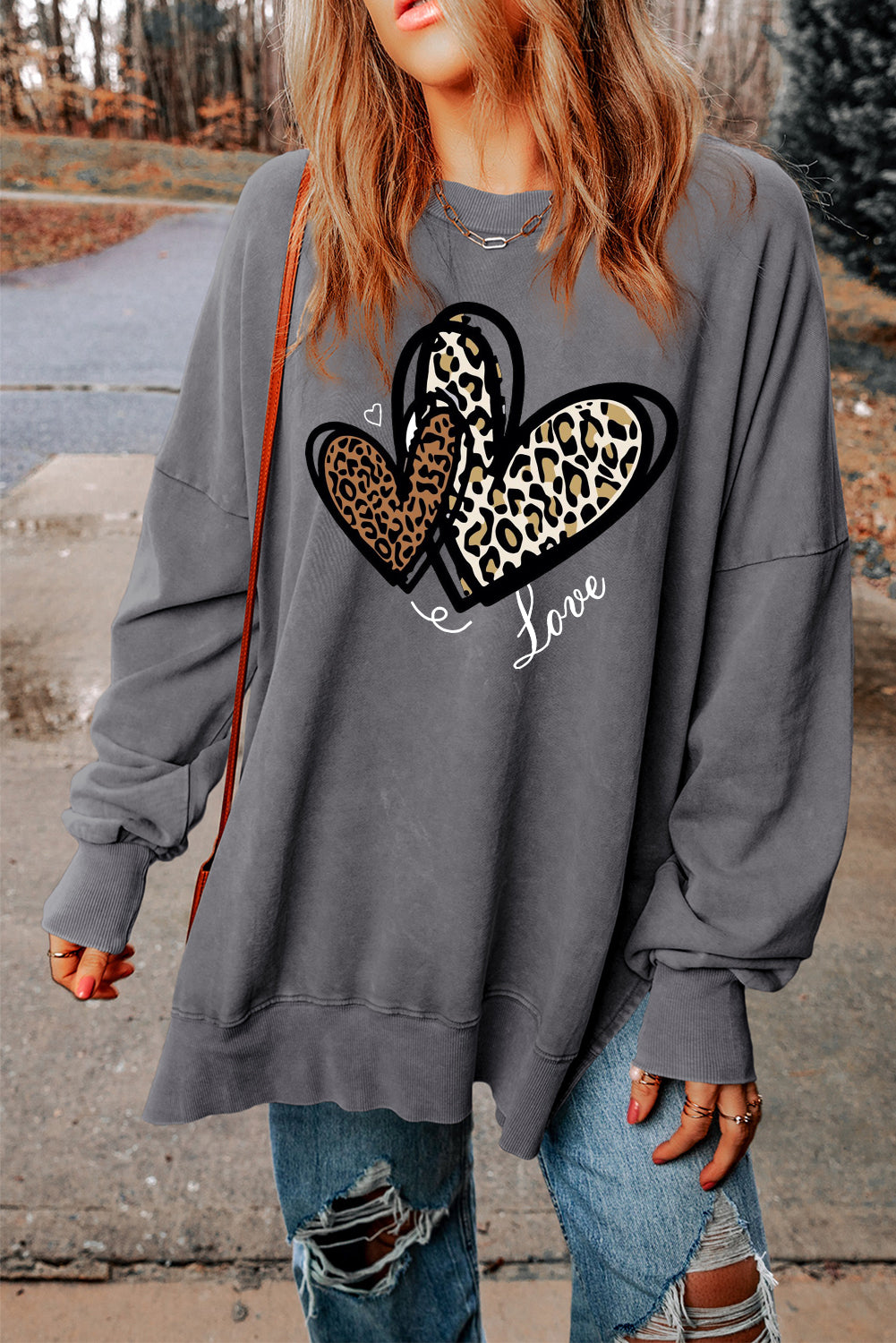 Valentine's Day Heart Leopard Oversized Drop Shoulder Ribbed Sweatshirt