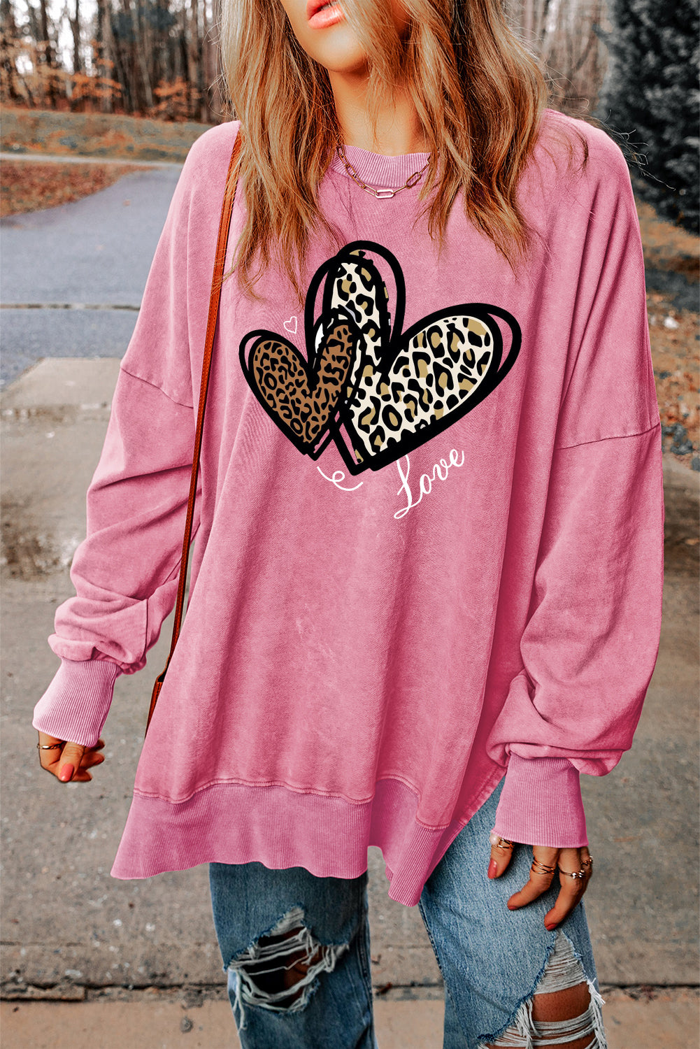 Valentine's Day Heart Leopard Oversized Drop Shoulder Ribbed Sweatshirt