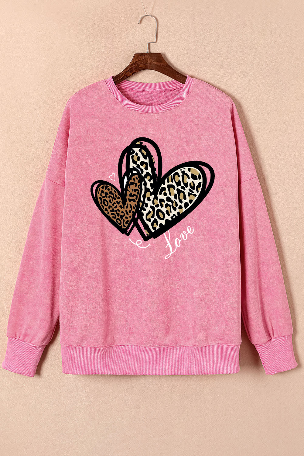 Valentine's Day Heart Leopard Oversized Drop Shoulder Ribbed Sweatshirt