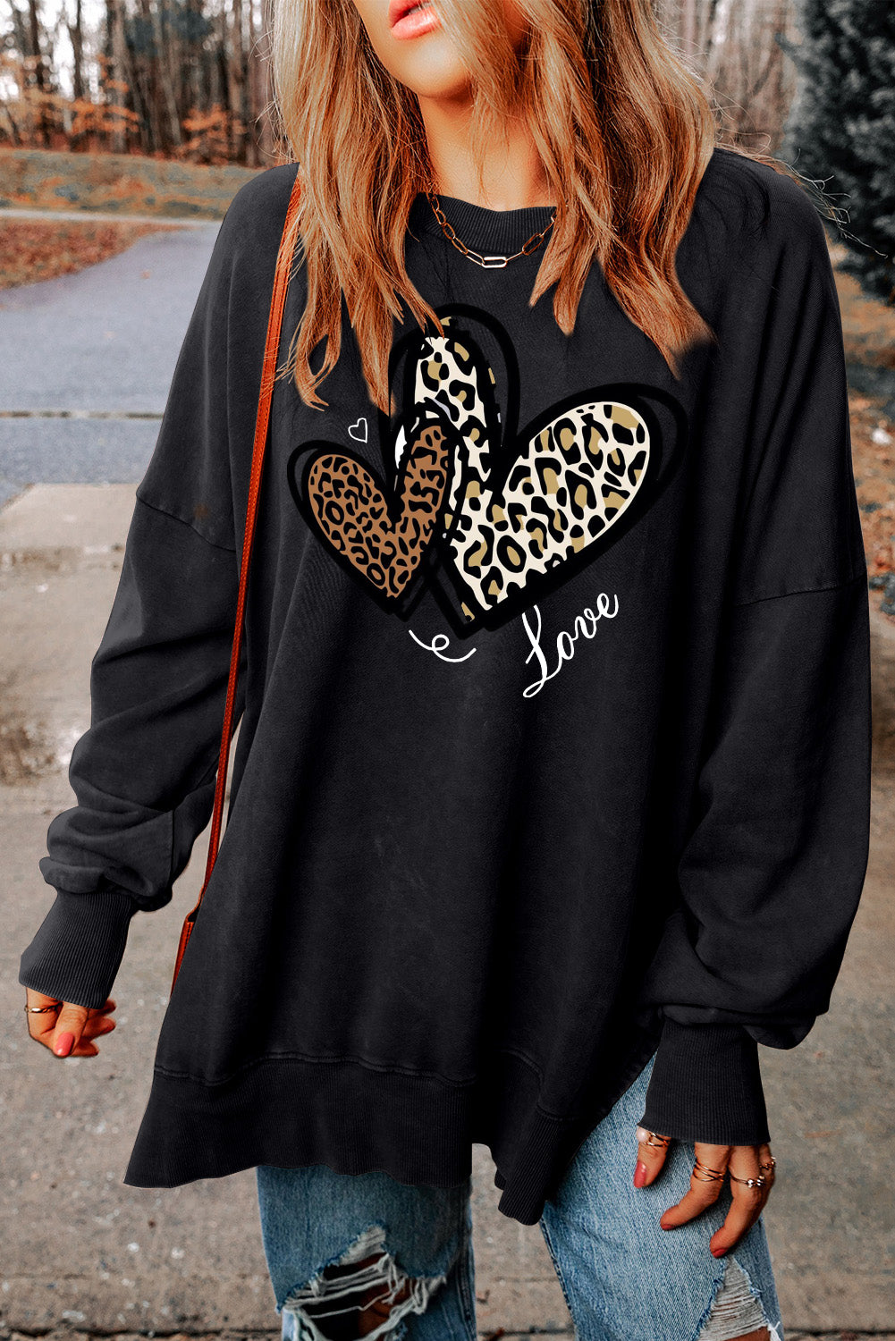 Valentine's Day Heart Leopard Oversized Drop Shoulder Ribbed Sweatshirt