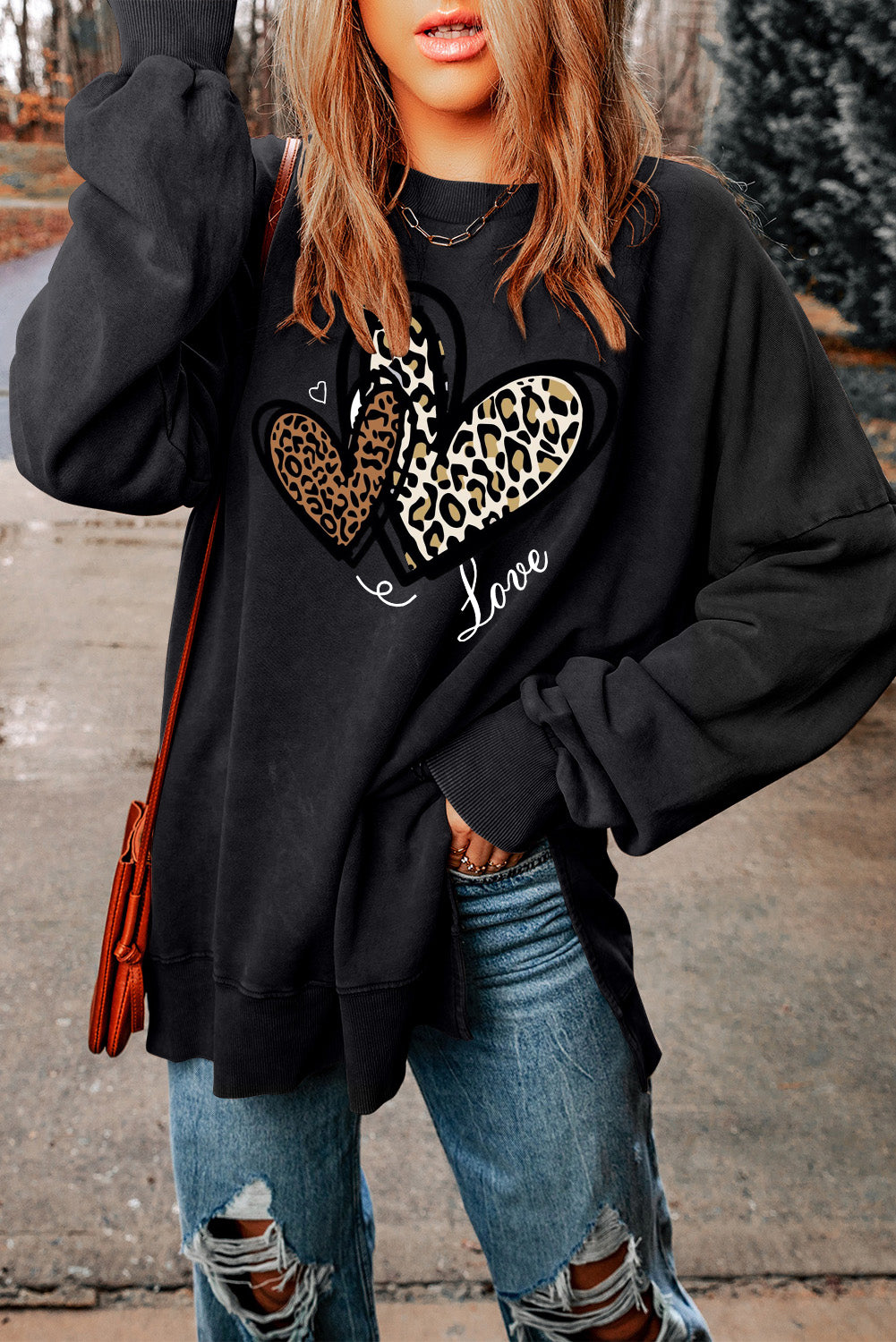 Valentine's Day Heart Leopard Oversized Drop Shoulder Ribbed Sweatshirt