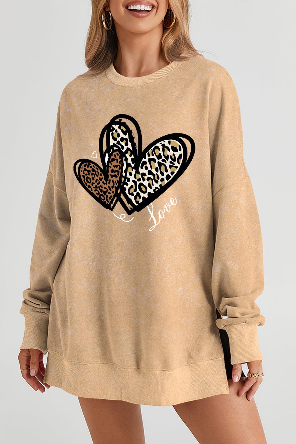 Valentine's Day Heart Leopard Oversized Drop Shoulder Ribbed Sweatshirt