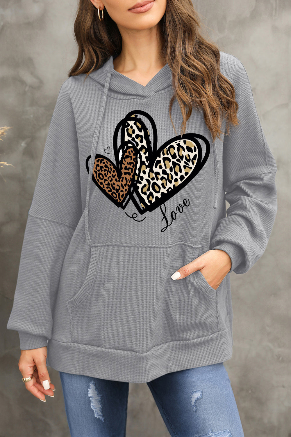 Date Night Heart Leopard Waffle Knit Fleece Lined Hoodie