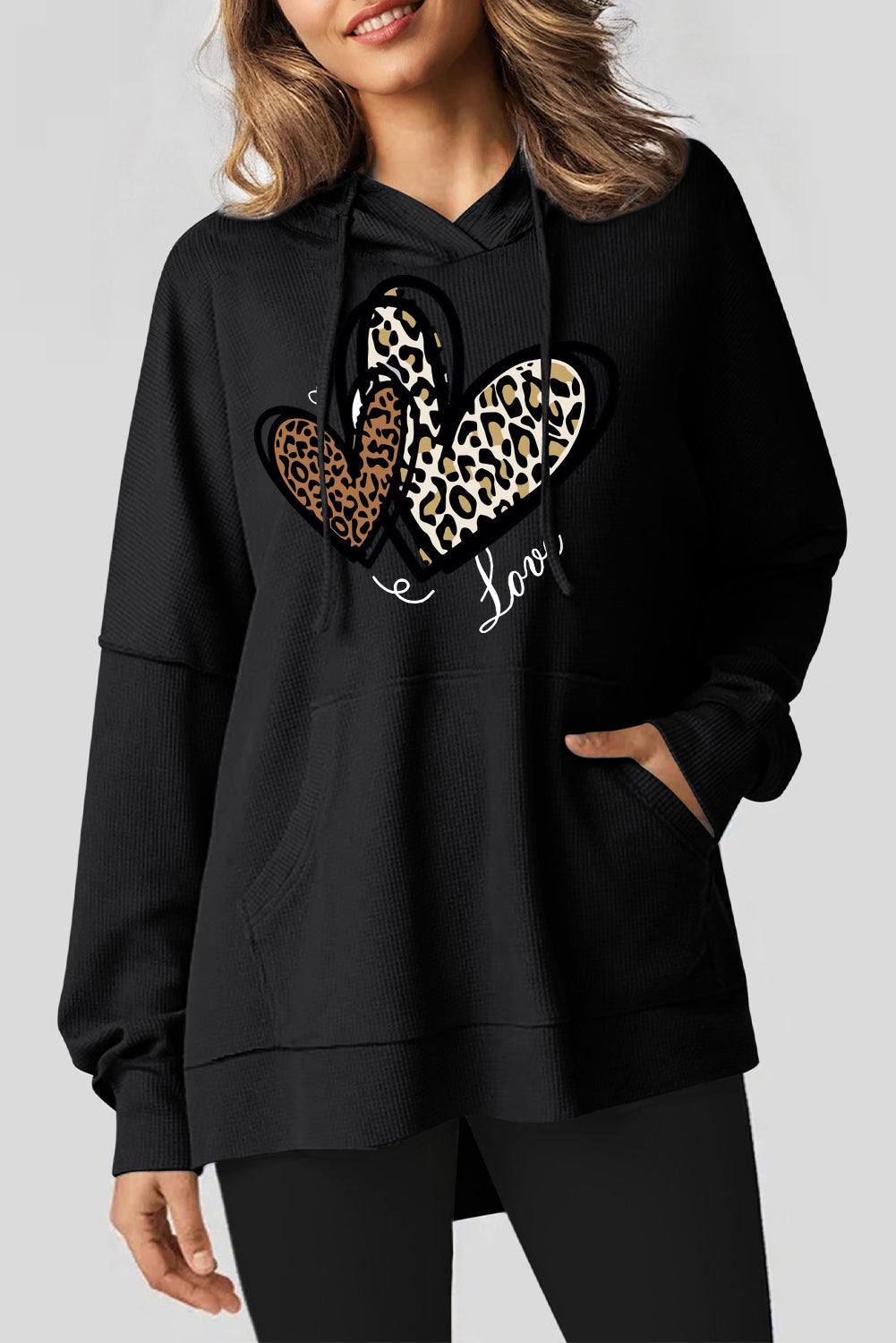 Date Night Heart Leopard Waffle Knit Fleece Lined Hoodie