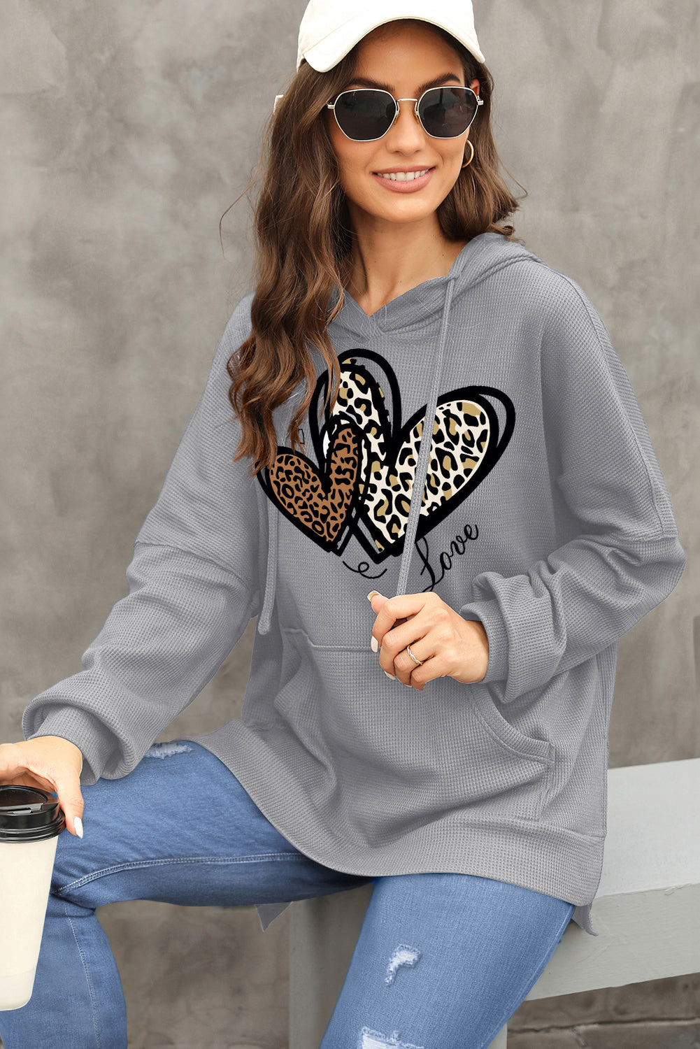 Date Night Heart Leopard Waffle Knit Fleece Lined Hoodie