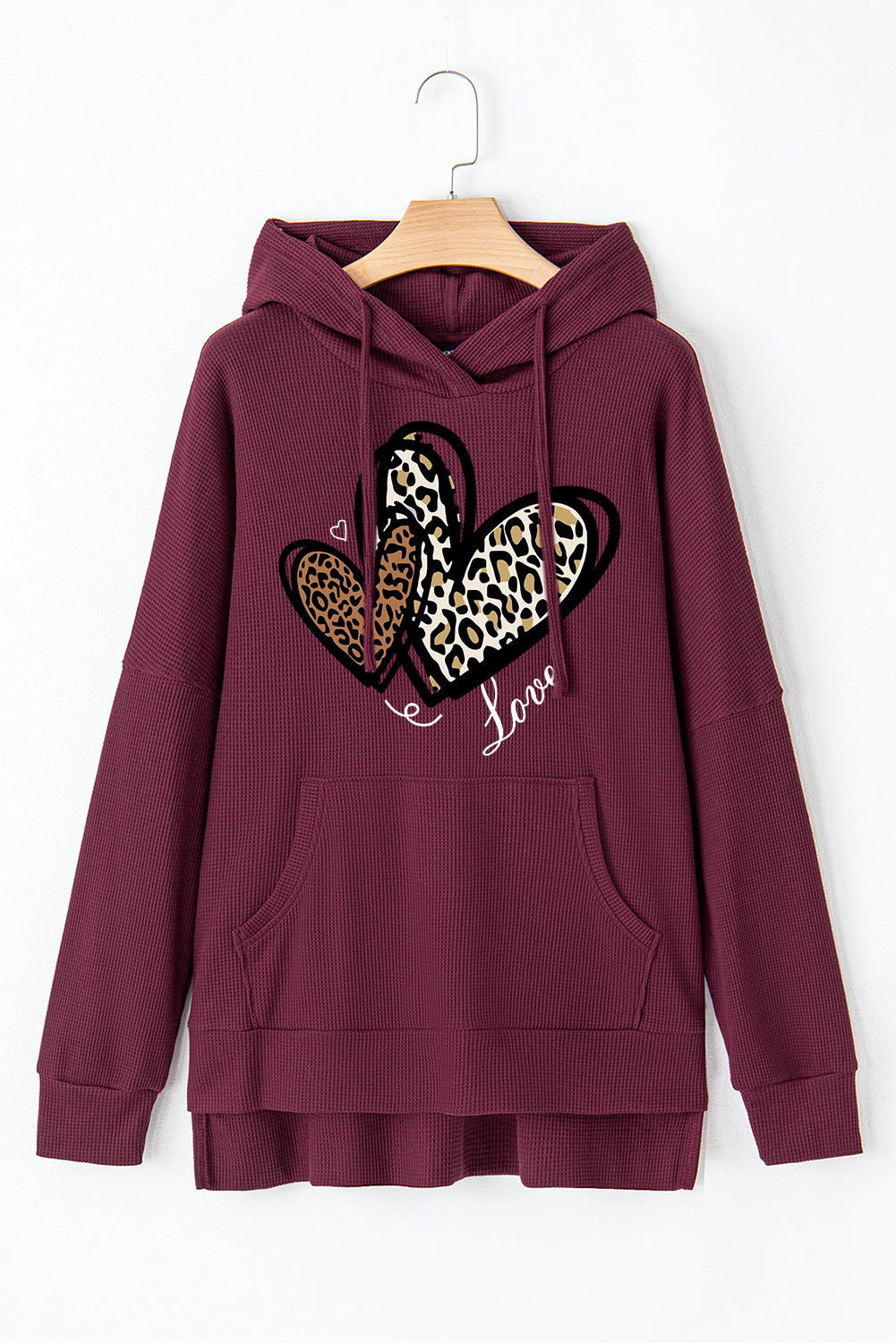 Date Night Heart Leopard Waffle Knit Fleece Lined Hoodie