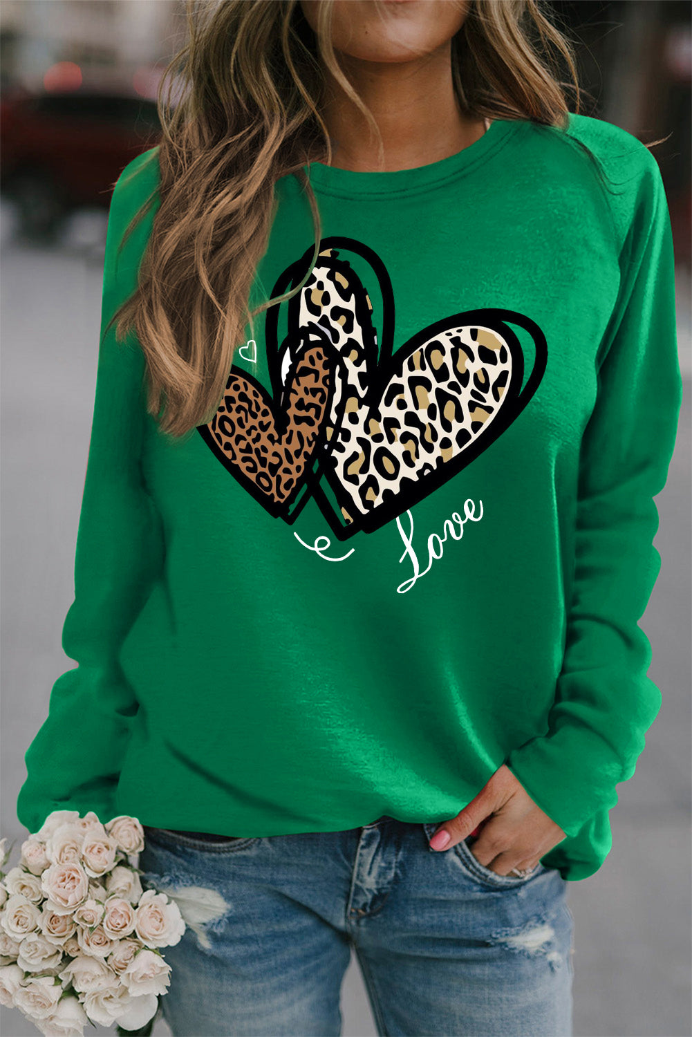 Valentine's Day Heart Leopard Print Crew Neck Pullover Sweatshirt