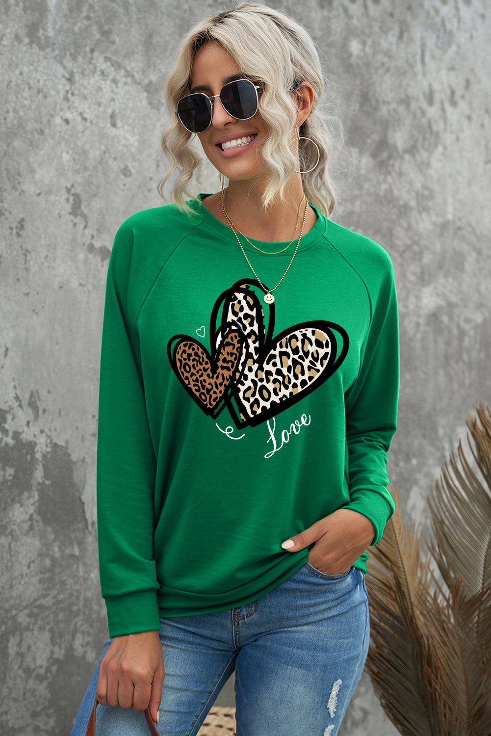 Valentine's Day Heart Leopard Print Crew Neck Pullover Sweatshirt