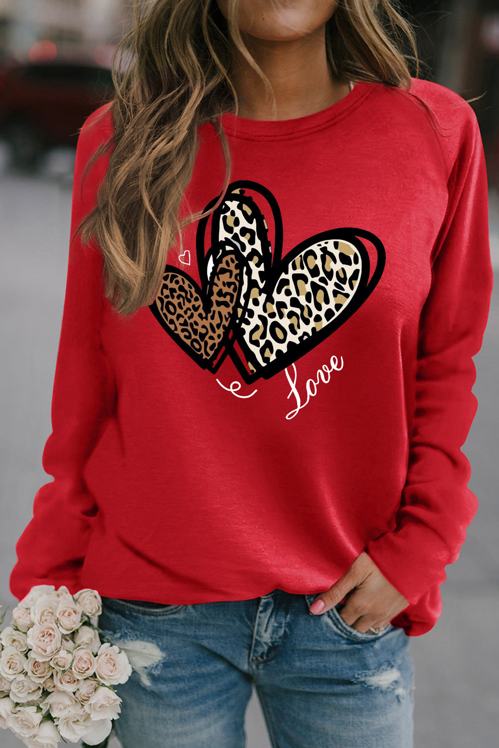 Valentine's Day Heart Leopard Print Crew Neck Pullover Sweatshirt