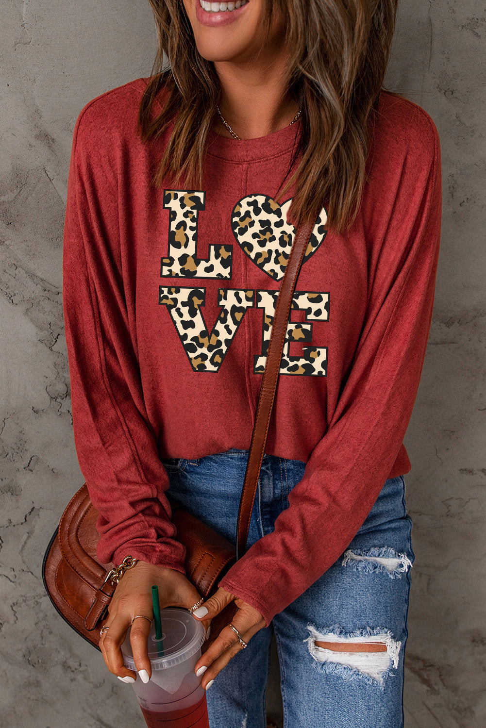 Date Night LOVE Leopard Print Patchwork Knit Long Sleeve Top