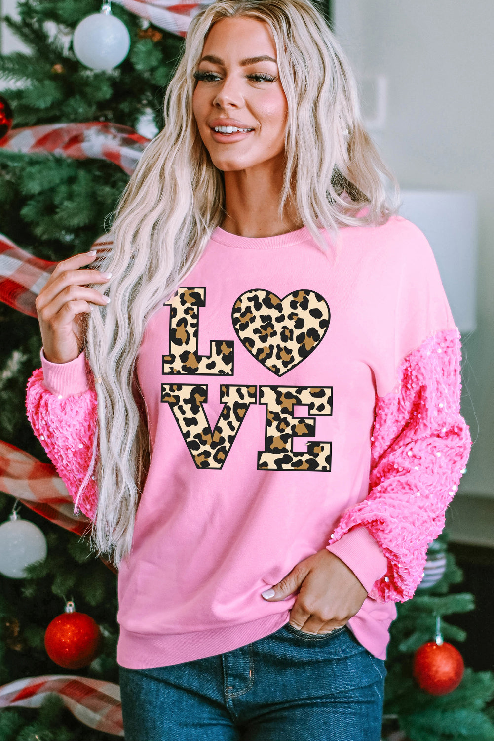 Valentine's Day Love Leopard Print Patchwork Sleeve Pullover Shirt