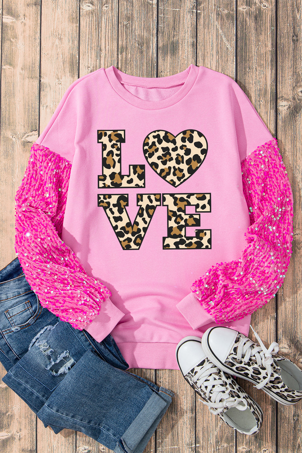 Valentine's Day Love Leopard Print Patchwork Sleeve Pullover Shirt