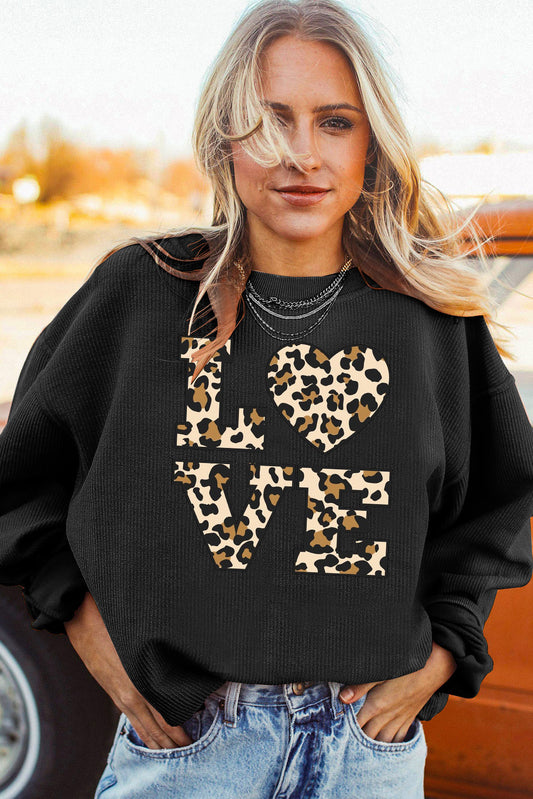 Leopard Print Ribbed Knit Crew Neck Pullover Sweatshirt