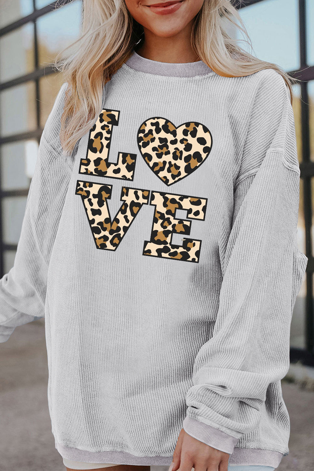 Leopard Print Ribbed Knit Crew Neck Pullover Sweatshirt