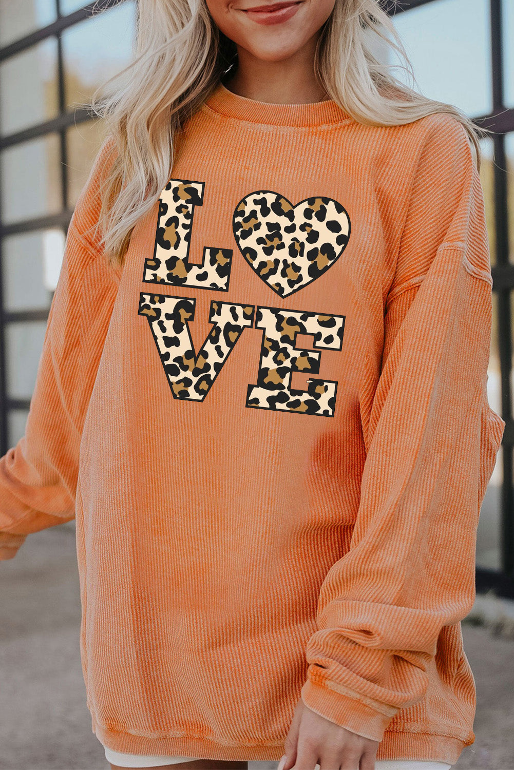 Leopard Print Ribbed Knit Crew Neck Pullover Sweatshirt