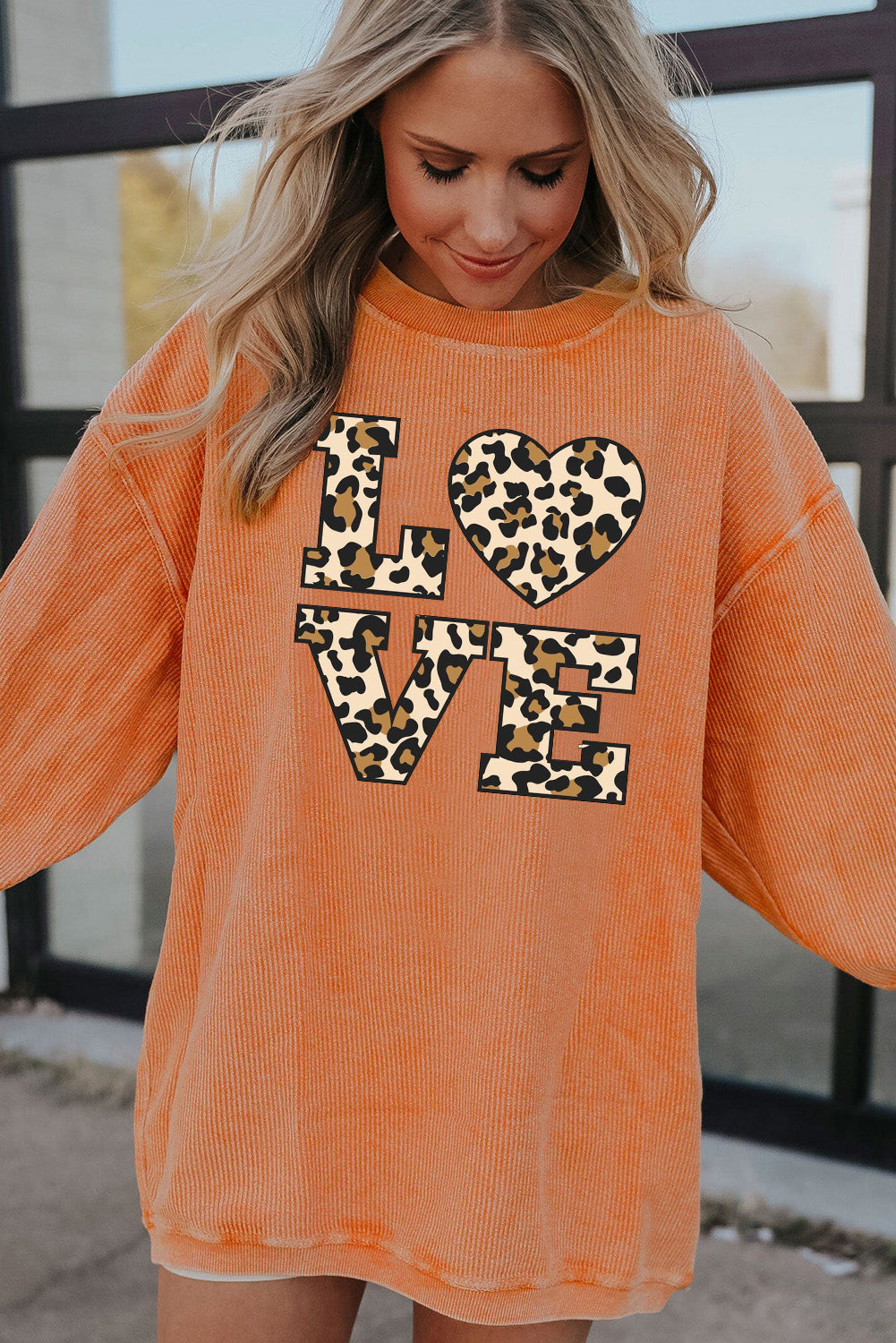 Leopard Print Ribbed Knit Crew Neck Pullover Sweatshirt