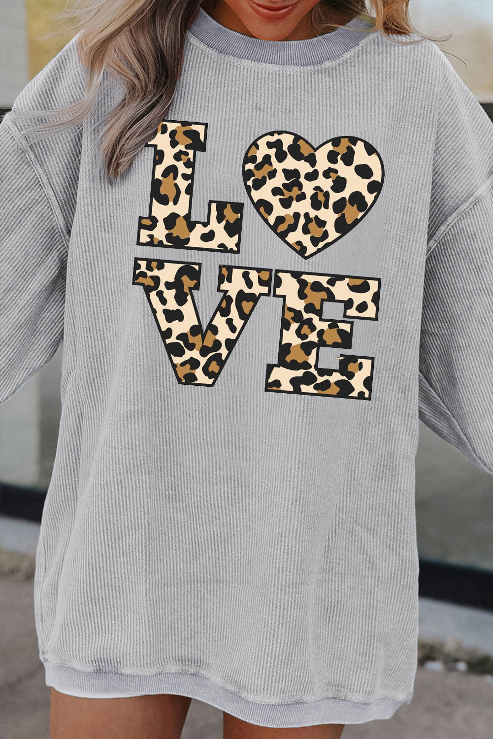 Leopard Print Ribbed Knit Crew Neck Pullover Sweatshirt