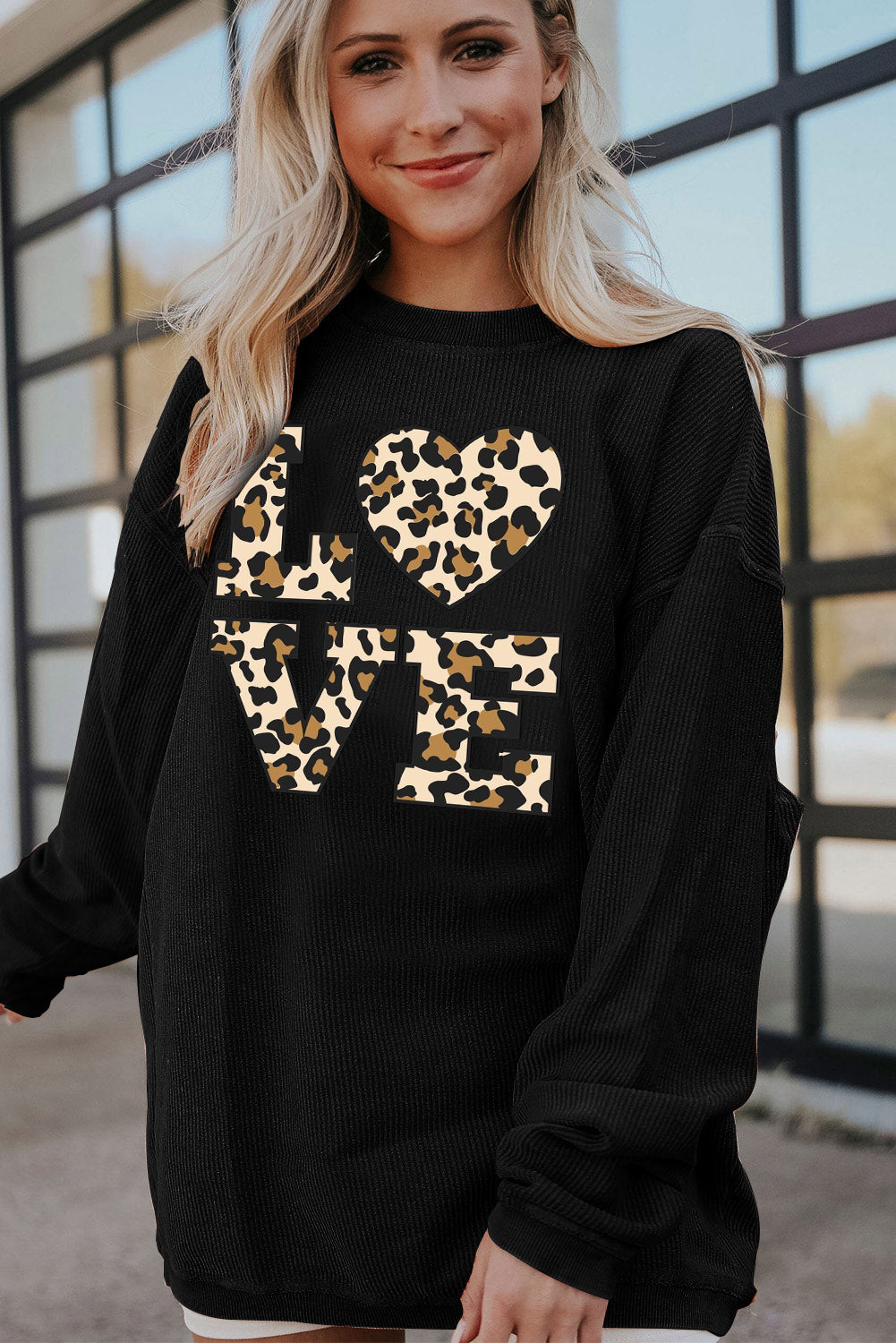 Leopard Print Ribbed Knit Crew Neck Pullover Sweatshirt