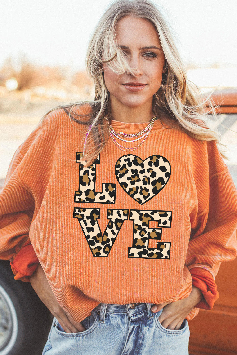 Leopard Print Ribbed Knit Crew Neck Pullover Sweatshirt