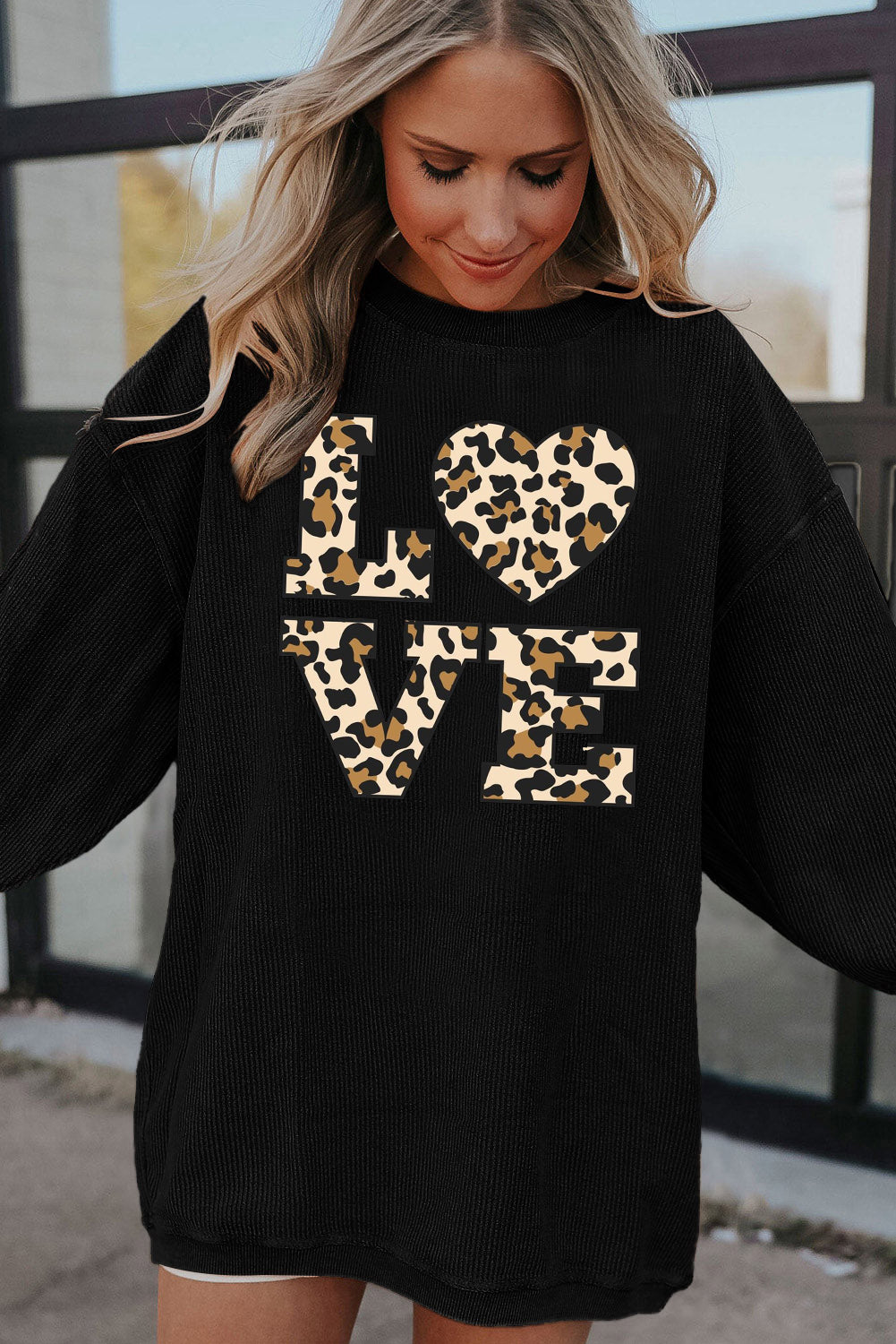 Leopard Print Ribbed Knit Crew Neck Pullover Sweatshirt