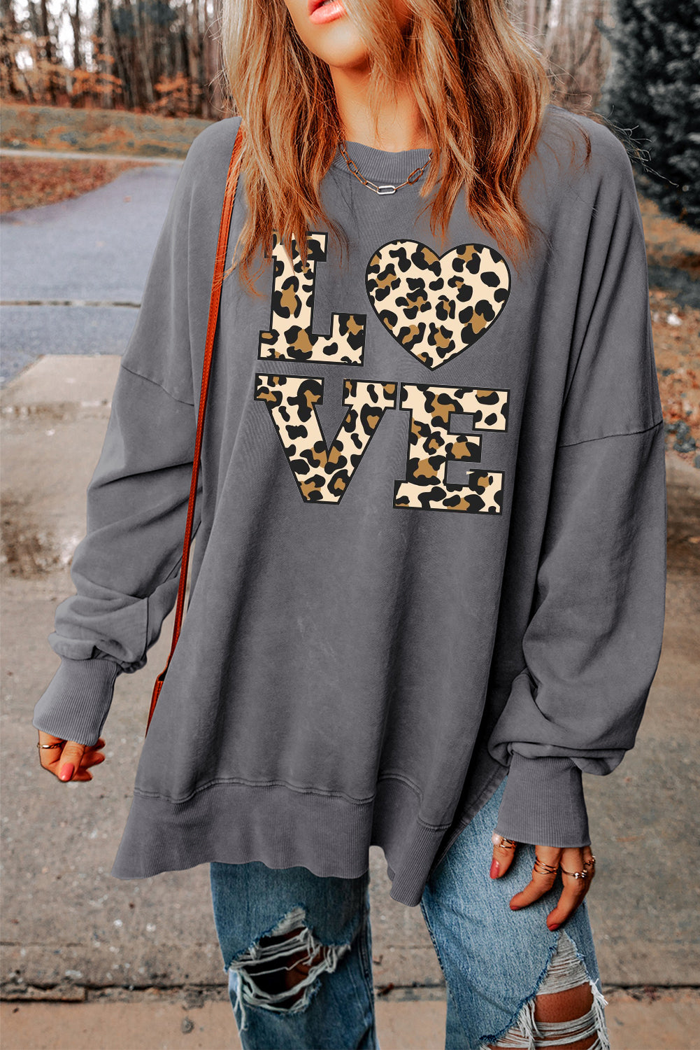 Date Night Leopard Print Heart Oversized Drop Shoulder Ribbed Sweatshirt