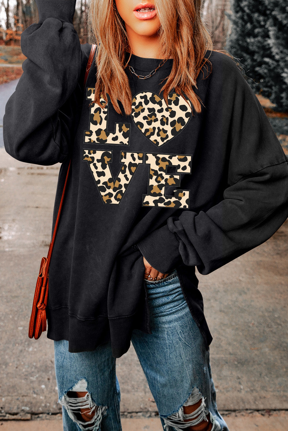 Date Night Leopard Print Heart Oversized Drop Shoulder Ribbed Sweatshirt