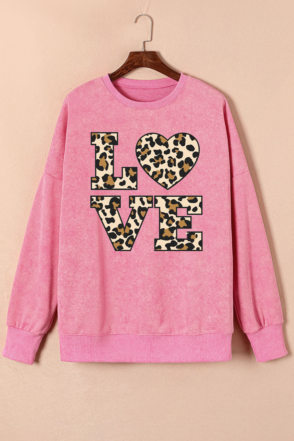 Date Night Leopard Print Heart Oversized Drop Shoulder Ribbed Sweatshirt