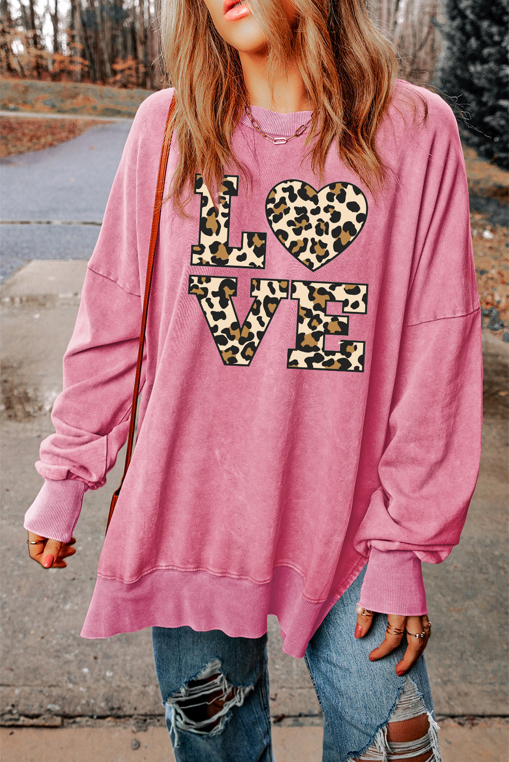 Date Night Leopard Print Heart Oversized Drop Shoulder Ribbed Sweatshirt