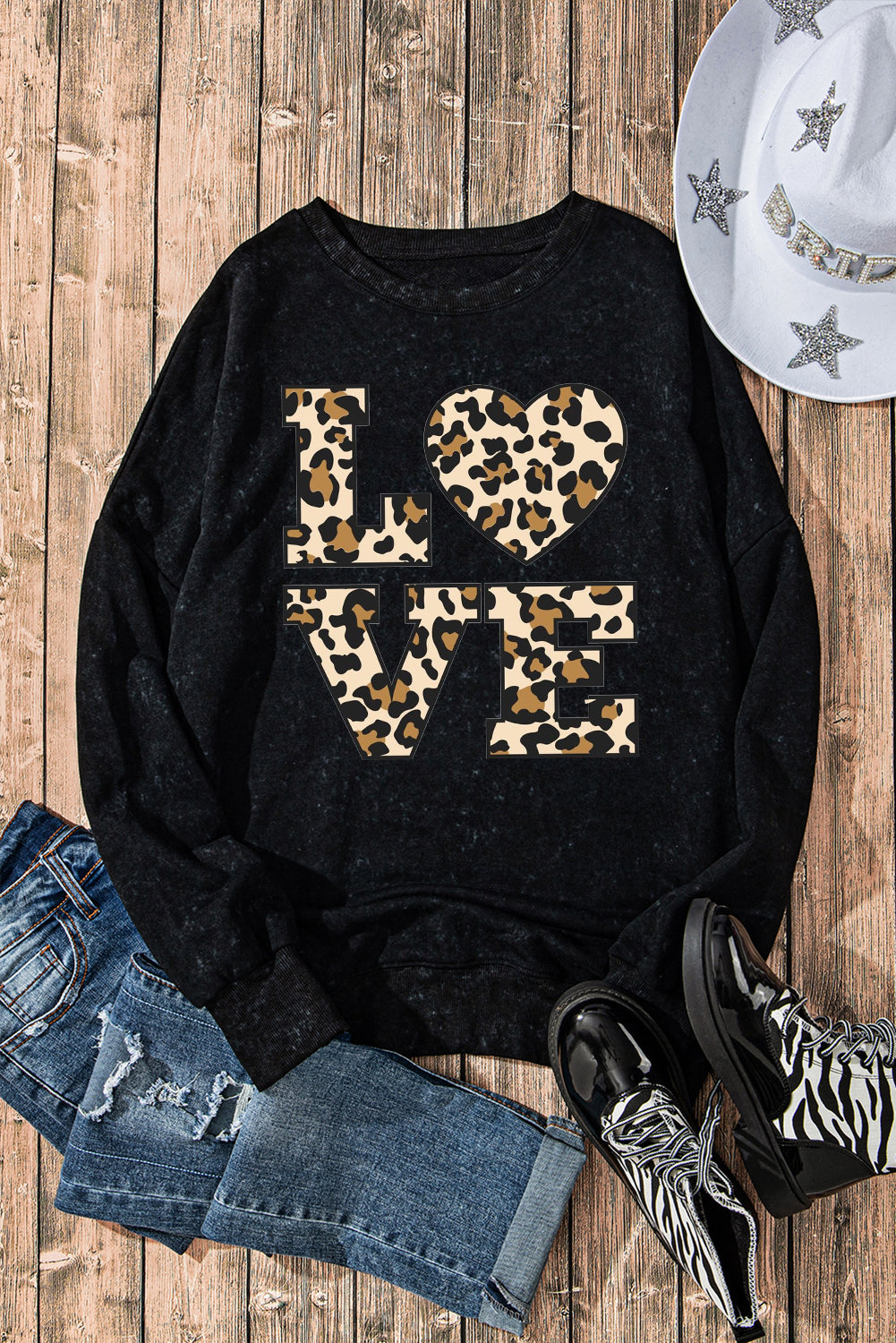 Date Night Leopard Print Heart Oversized Drop Shoulder Ribbed Sweatshirt