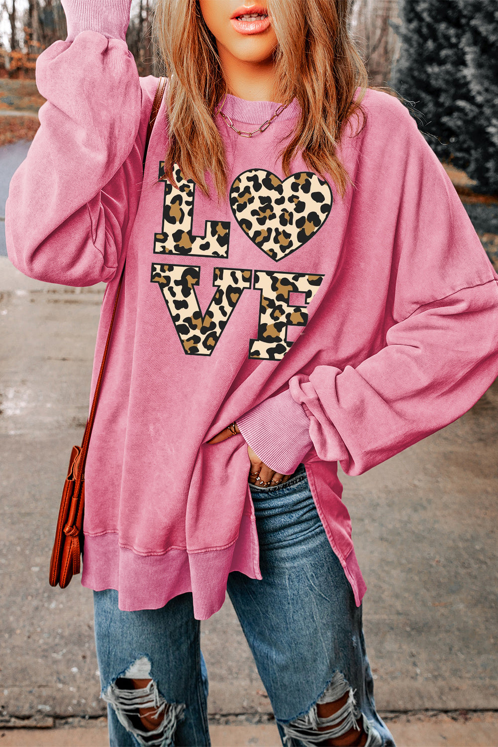 Date Night Leopard Print Heart Oversized Drop Shoulder Ribbed Sweatshirt