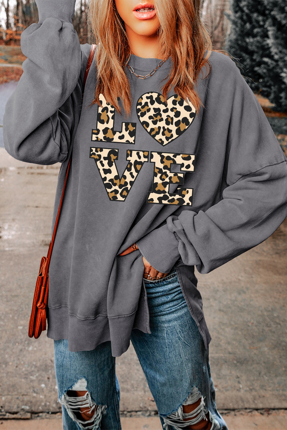 Date Night Leopard Print Heart Oversized Drop Shoulder Ribbed Sweatshirt