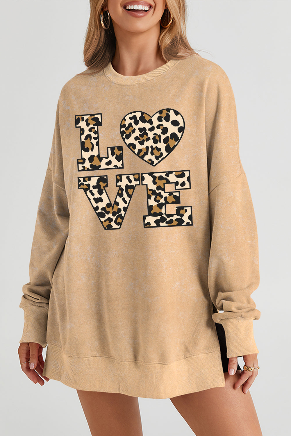 Date Night Leopard Print Heart Oversized Drop Shoulder Ribbed Sweatshirt