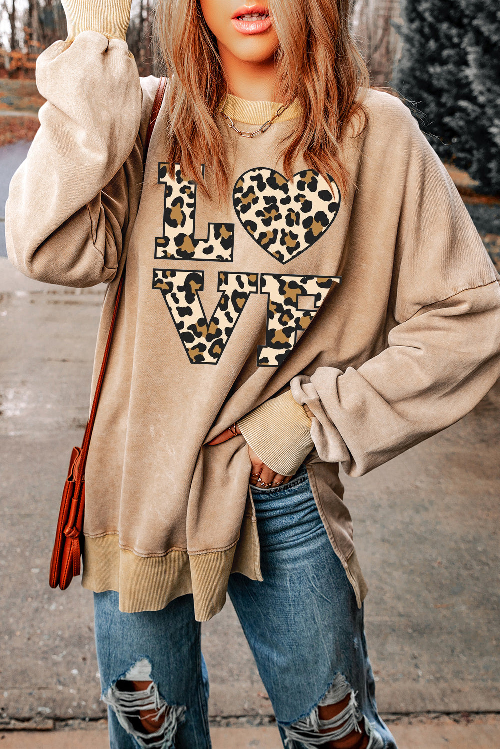 Date Night Leopard Print Heart Oversized Drop Shoulder Ribbed Sweatshirt