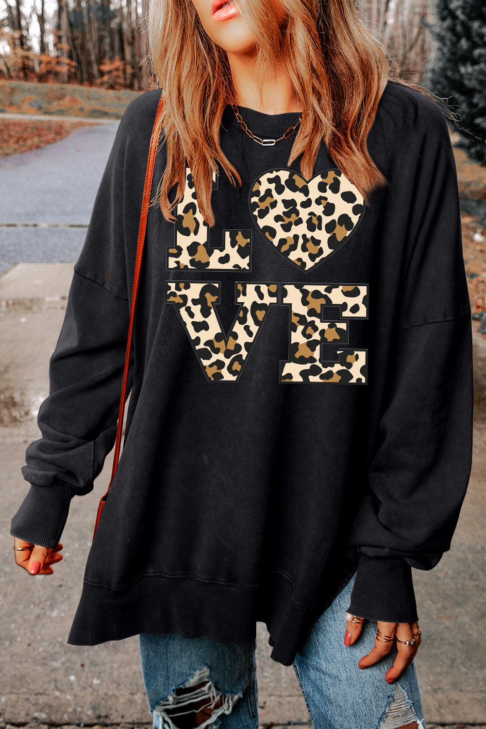 Date Night Leopard Print Heart Oversized Drop Shoulder Ribbed Sweatshirt