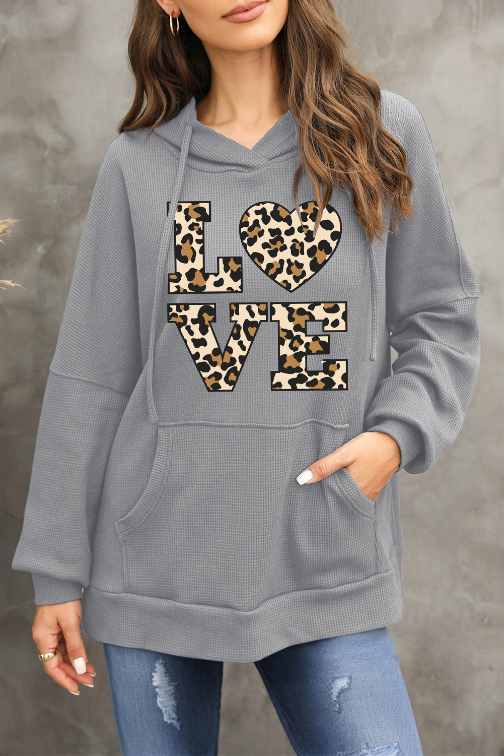 Valentine's Day Heart Leopard Print Waffle Knit Fleece Lined Hoodie