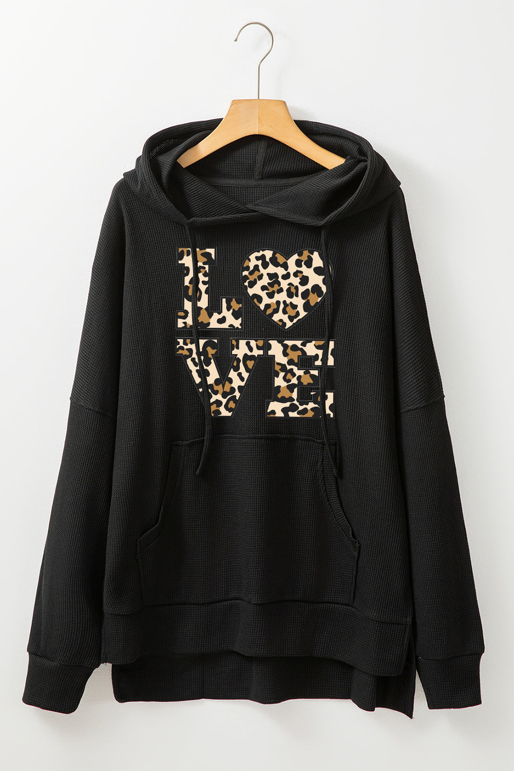 Valentine's Day Heart Leopard Print Waffle Knit Fleece Lined Hoodie