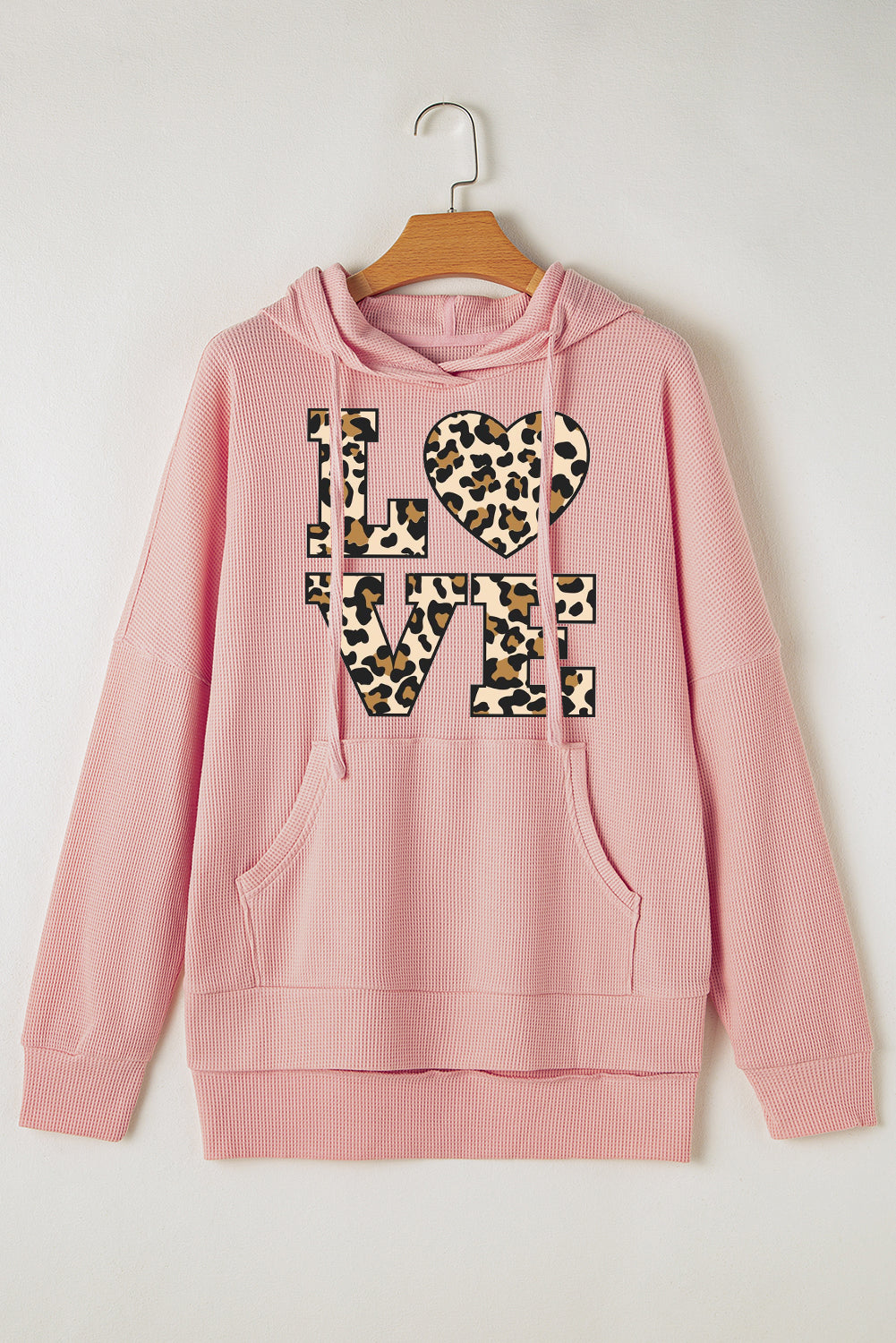 Valentine's Day Heart Leopard Print Waffle Knit Fleece Lined Hoodie